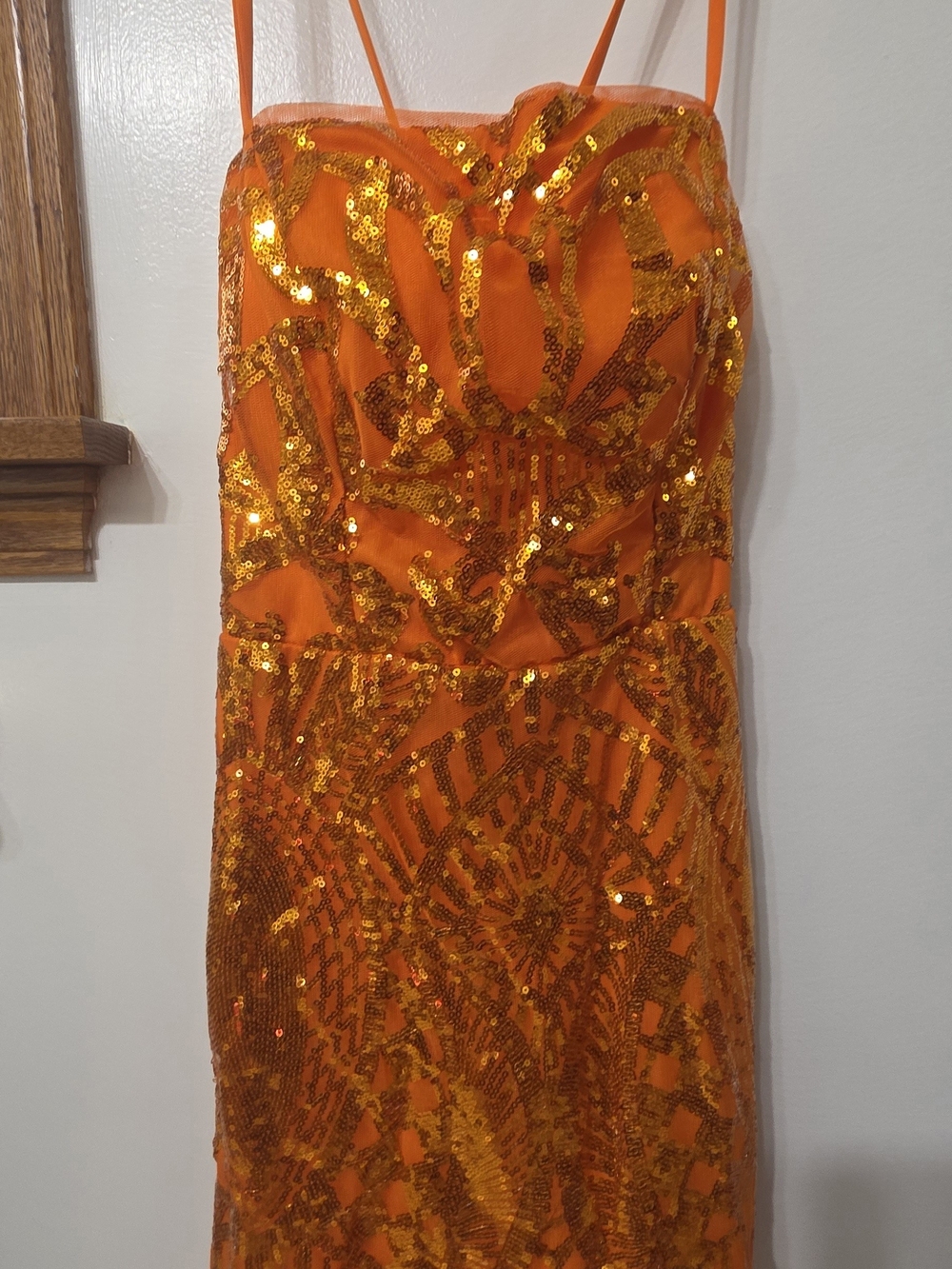Strapless Orange Sequin Evening Dress
